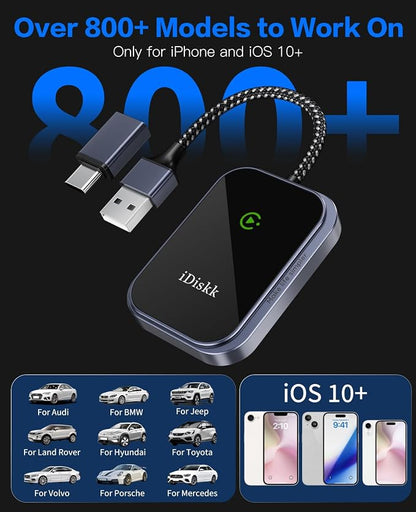 iDiskk Wireless CarPlay Adapter for iPhone and iOS 10+, Convert Wired CarPlay to Wireless, Plug-and-Play, 2025 Upgraded No Latency with USB C Wired CarPlay