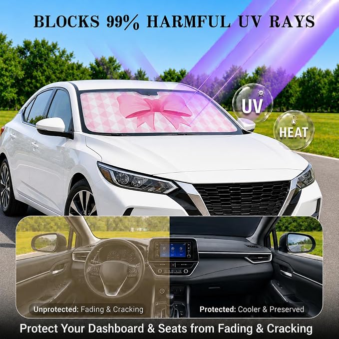 Pink Bow Car Windshield Sun Shade for Women, Cute Front Window Sunshade for Small Cars, Girly Pink Plaid Car Accessories for Sedan Compact Car - 59 x 27.5