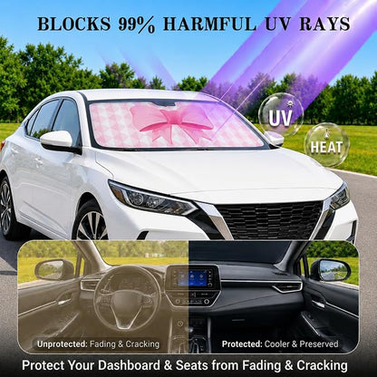 Pink Bow Car Windshield Sun Shade for Women, Cute Front Window Sunshade for Small Cars, Girly Pink Plaid Car Accessories for Sedan Compact Car - 59 x 27.5