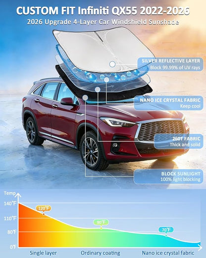 Windshield Sun Shade for Infiniti QX55 2022-2026 Car Window Shade Upgrade 4 Layers Custom Fit QX55 Front Windows Shade Cover Sun Visor Blocks UV Rays Keep Cool, Car Accessories