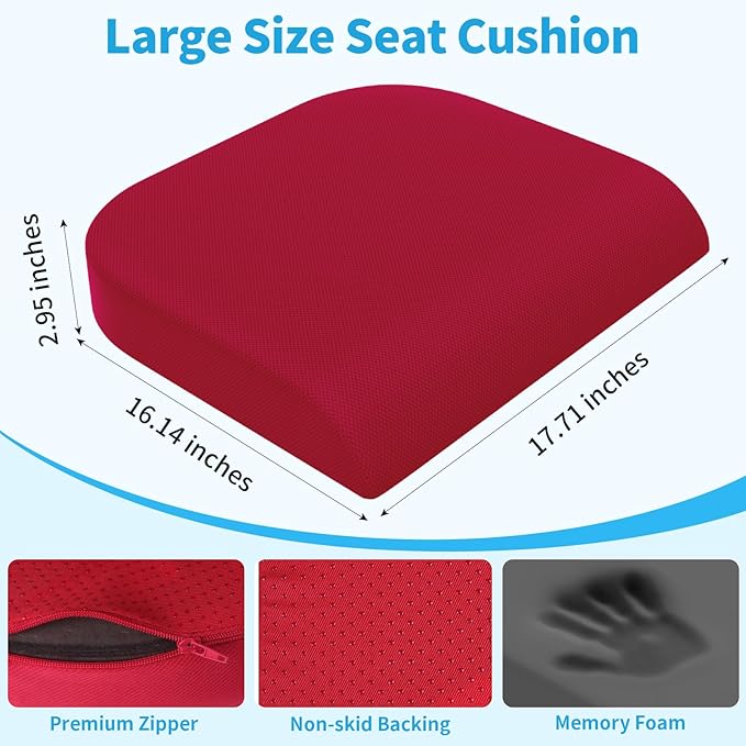 TranquilRelax Large Seat Cushion, Memory Foam Cushion for Long Sitting Hours on Office Chair, Home & Car, Non-Slip Chair Pad for Relieving Back & Sciatica & Hip & Coccyx Pain (Red)