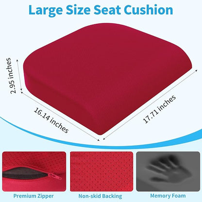 TranquilRelax Large Seat Cushion, Memory Foam Cushion for Long Sitting Hours on Office Chair, Home & Car, Non-Slip Chair Pad for Relieving Back & Sciatica & Hip & Coccyx Pain (Red)