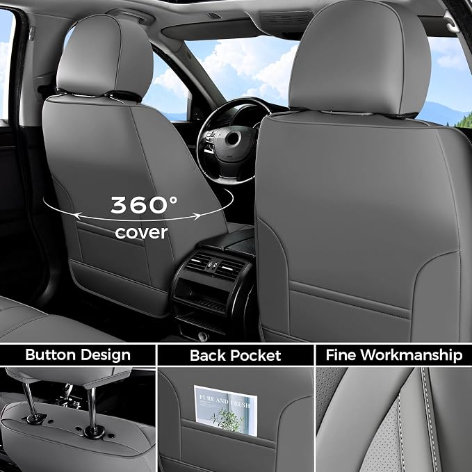 Coverado Gray Nappa Leather Car Seat Covers Front Seats ，Waterproof Car Seat Protector & Cushion, Universal Fit for Most Cars
