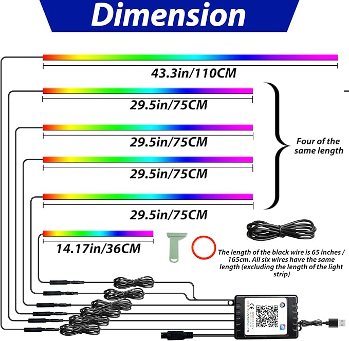 RGB-IC 6 in 1 Car Led Strip Lights, Interior Car Lights, App and Remote Control Ambient Lighting Kit with 16 Million Colors Fiber Optics&Music Sync Rhythm, USB Neon Light Accessories for Console&Door