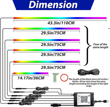 RGB-IC 6 in 1 Car Led Strip Lights, Interior Car Lights, App and Remote Control Ambient Lighting Kit with 16 Million Colors Fiber Optics&Music Sync Rhythm, USB Neon Light Accessories for Console&Door