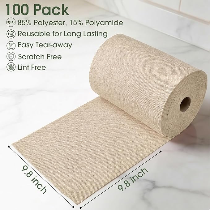 Microfiber Cleaning Cloth Roll - 100 Pack Tear Away Microfiber Paper Towels, Reusable, Washable, Scratch-Free, Kitchen Towels for Car, Home, Kitchen, Glass, Dishes(Desert Gold)