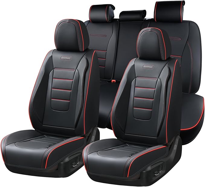 Coverado Seat Covers Full Set, Seat Covers for Cars, Car Seat Cover, Car Seat Protector, Nappa Leather Car Seat Cushion, Waterproof Car Seat Covers Front Seats and Back Fit for Most Cars (Redline)
