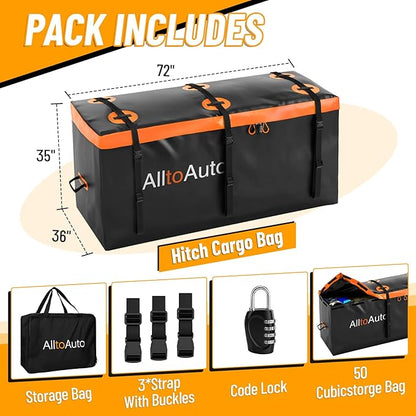 50 CuFt AlltoAuto Waterproof Cargo Bag for Hitch Carrier | 72"x36"x35" Trailer Hitch Cargo Carrier | Weatherproof Truck Bed Storage with Straps, Lock & Carry Case | PVC Vehicle Soft-Shell Carriers