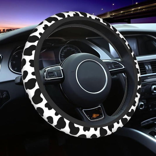 Cow Print Steering Wheel Cover + 2 Pc Cattle Print Car Coasters | Anti-Slip Breathable Universal 14.5-15.5 in for Suitable for Men Women