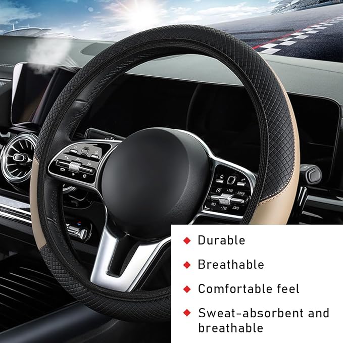 povtii Car Steering Wheel Cover, 15 Inch Leather Breathable Auto Steering Wheel Protector, Comfortable Non-Slip Vehicle Steering Wheel Covers, Universal Interior Car Accessories (Beige, AD)