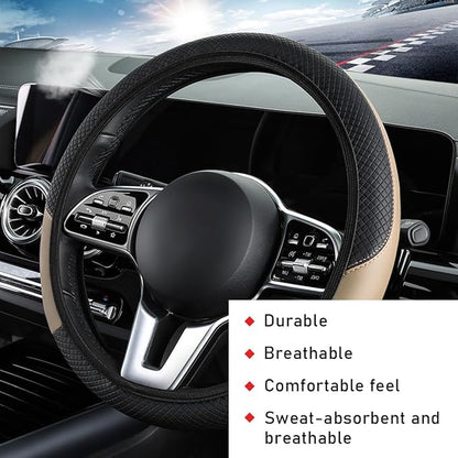 povtii Car Steering Wheel Cover, 15 Inch Leather Breathable Auto Steering Wheel Protector, Comfortable Non-Slip Vehicle Steering Wheel Covers, Universal Interior Car Accessories (Beige, AD)