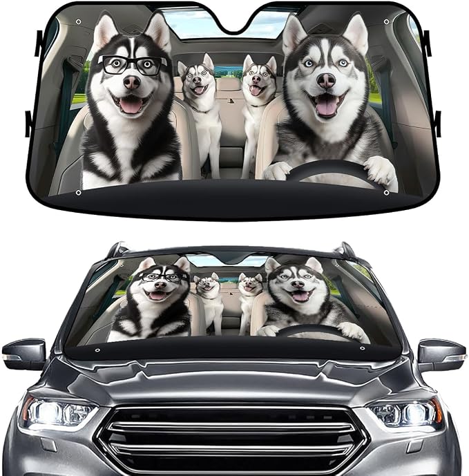 GENANY Husky Family Funny Windshield Sun Shade for Car SUV Truck (55x30 Inches), Sun Shade Windshield, Shades for Windows, Protector Blocks UV, Car Decor