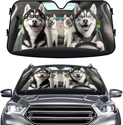 GENANY Husky Family Funny Windshield Sun Shade for Car SUV Truck (55x30 Inches), Sun Shade Windshield, Shades for Windows, Protector Blocks UV, Car Decor