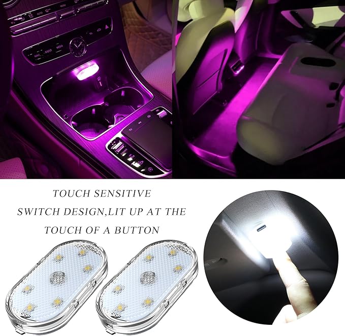 Wevdn 2 PCS Car LED Lights Interior Wireless, Sticky Car Ambient Lighting with 6 Bright LED Lamp Beads, Portable USB Rechargeable Vehicle Interior Led Night Light for Car (Pink)
