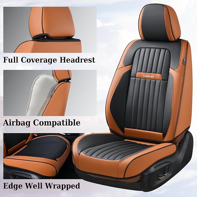 Coverado Car Seat Covers Front, Seat Covers for Cars, Waterproof Car Seat Cushions, 2-Pack Leather Carseat Seat Protectors, Universal Seat Covers Fit for Most Sedans SUV Pick-up Trucks(Brown&Black)