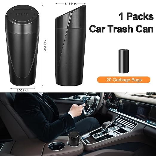 Car Trash Can, Leakproof Mini Car Garbage Can Cup Holder with Lid | Car Door Trash Bin with 20 Trash Bags, Vehicle Front Back Seat Organizers and Storage for Car, Home, Office, Black