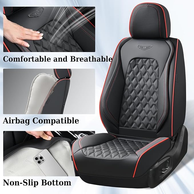 Coverado Full Set Car Seat Covers, Luxury Faux Leather Waterproof Seat Covers, 5-Seat Universal Fit, Front & Back Car Seat Protectors,Leather Seat Covers for Most Cars-Black & Red Line