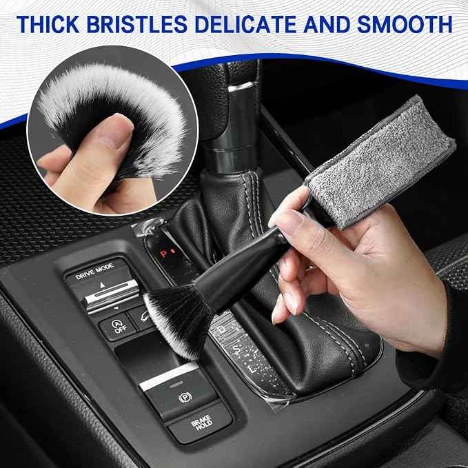 Car Double Head Clean Brush, Car Brushes for Detailing Interior, Double Head Automotive Interior Cleaner Detail Brushes, Car Dust Detailing Brush for Air Vents Dashboard Screen (Black)