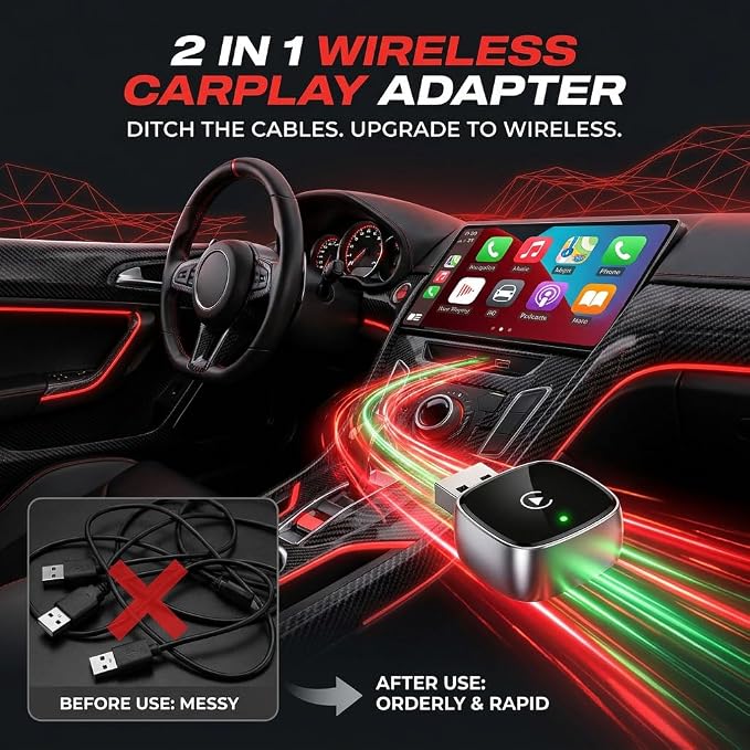 Mini Wireless CarPlay Adapter & Android Auto Adapter, Dual USB-A/Type-C Plug & Play, Ultra-Low Latency Fast Pairing, Compatible with 1500+ Cars & iPhone/Android