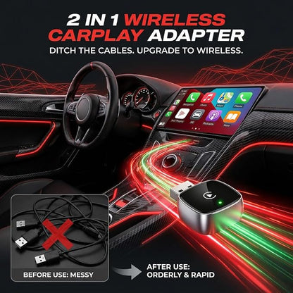 Mini Wireless CarPlay Adapter & Android Auto Adapter, Dual USB-A/Type-C Plug & Play, Ultra-Low Latency Fast Pairing, Compatible with 1500+ Cars & iPhone/Android