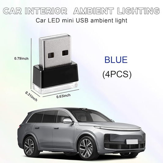 4 PCS USB LED Car Interior Atmosphere Lamp, Portable Mini LED Night Light, Plug-in USB Interface Trunk Ambient Lighting Kit, Universal Interior Car Accessories (Blue)