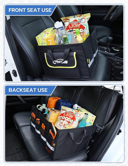 Oasser Car Trunk Organizer, 3 Compartments Collapsible Waterproof Car Organizer Storage with Foldable Cover, Reflective Strip, Non-Slip Bottom, 4 Mesh Pockets for SUV/Truck/Sedan/Camping/Road Trip