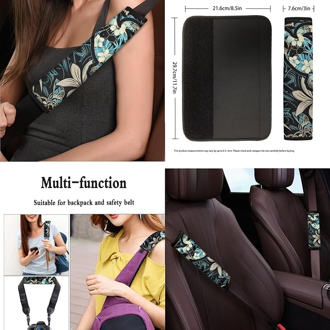 13 PCS Boho Sea Turtle Car Interior Accessories, Hawaiian Hibiscus Palm Front Rear Seat Full Set, Island Tropical Plant Tortoise Seat Belt Pad Universal Fit Most Car