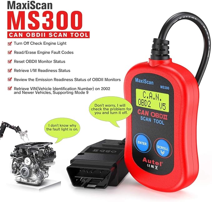 Autel MS300 OBD2 Scanner Code Reader, Turn Off Check Engine Light, Read & Erase Fault Codes, Check Emission Monitor Status CAN Diagnostic Scan Tool