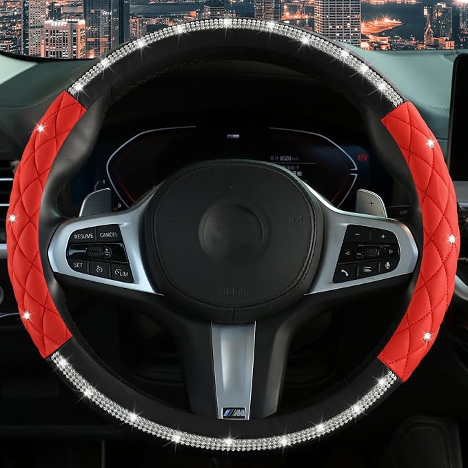 Diamond Steering Wheel Cover ，with Bling Crystal Rhinestone,Delicate and Anti-Slip Sparkly Sedan Steering Wheel Cover ，Adaptable to 14.5-15 inches Car Wheel Protector for Women Girl ，Black & Red
