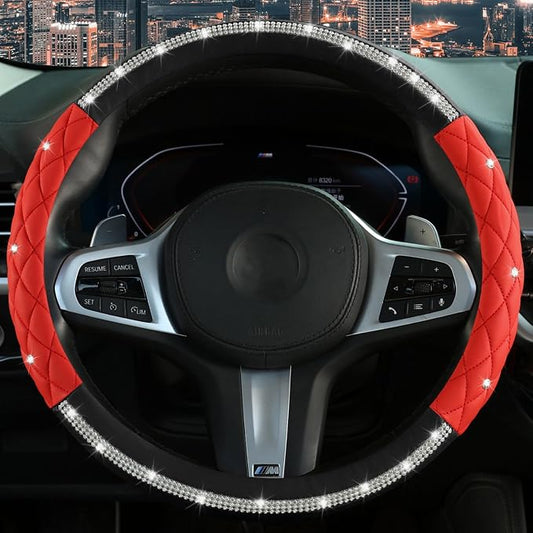 Diamond Steering Wheel Cover ，with Bling Crystal Rhinestone,Delicate and Anti-Slip Sparkly Sedan Steering Wheel Cover ，Adaptable to 14.5-15 inches Car Wheel Protector for Women Girl ，Black & Red