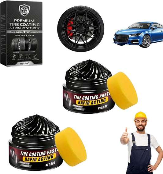 Premium Tire Coating & Trim Restorer, Tire Coating Paste Rapid Acting, Ceramic Tire Coating Bring Back Deep Black Shine to Rubber Plastic, Long-Lasting UV Protection (2PCS)
