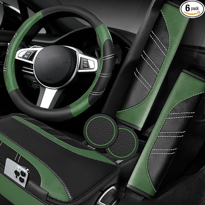 NBTEPEM 6 Pcs Green Car Accessories Set, Sport Leather Steering Wheel Cover 14.5-15inch Universal, Microfiber Leather Car Center Console Cover, Seat Belt Cushion, Cup Holder Coaster (Black-Green)