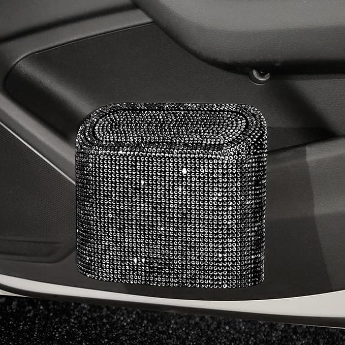 Bling Rhinestone Car Trash Can, Black, Swing-Lid
