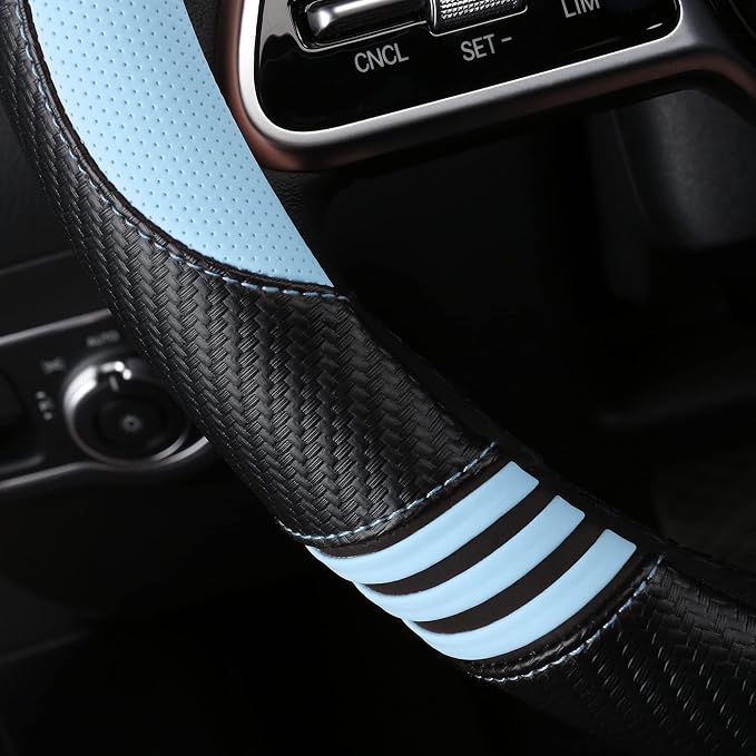 HighnessHwoo Car Steering Wheel Covers for Women Padded Carbon Fiber PU Leather Cute Auto Interior Accessories for Vehicle, Sedan, Universal, Anti Slip, Blue, Standard Size, 14.75-15.15in