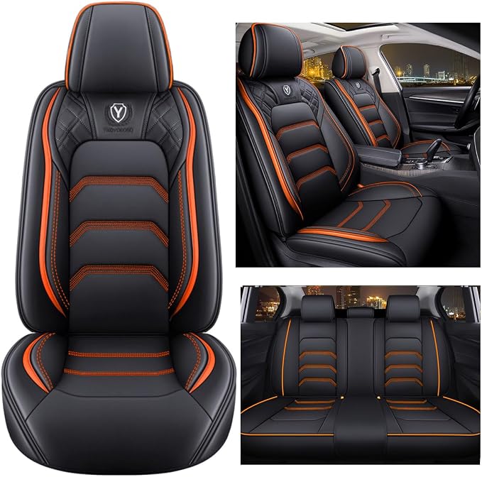 Comfortable Leather Auto Car Seat Covers 5 Seats Full Set Universal Fit (Black & Orange)