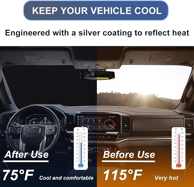 Windshield Sun Shade for 2023-2026 Chevy Silverado/GMC Sierra 1500, 2024-2026 Silverado/Sierra 2500HD 3500HD & 2022 Refreshed Model, Fully Covered Foldable Front Sun Shade, Blocks UV Rays and Heat