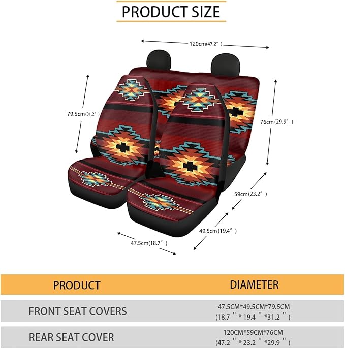 Southwest Native American Tribal Car Seat Covers Full Set,Aztec Red Print Navajo Design Vehicle Front Rear Bench Cushion Protectors Auto Interior Accessories Universal Fit for Trucks Sedans