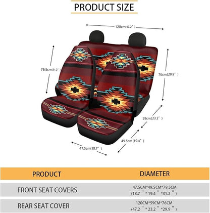 Southwest Native American Tribal Car Seat Covers Full Set,Aztec Red Print Navajo Design Vehicle Front Rear Bench Cushion Protectors Auto Interior Accessories Universal Fit for Trucks Sedans