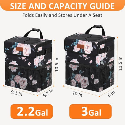 Vankor 3 Gallons Car Trash Can with Lid, Car Bag Bin Hanging Waterproof Automotive Garbage Cans Leak Proof Vehicle Trash Can Black Floral