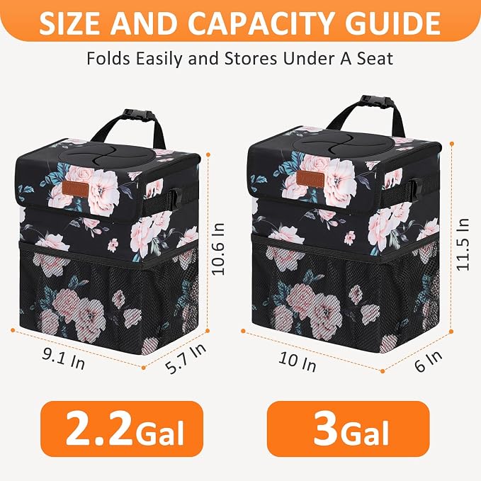 Vankor Car Trash Can for Car Cute,Bag Bin Hanging Waterproof Automotive Garbage Cans Leak Proof Vehicle Trash Can Black Floral