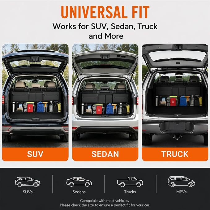 Car Trunk Organizer, Large Capacity Backseat Trunk Storage Organizer with 8 Pockets, Foldable SUV Cargo Organizer for SUV, Truck, Van & MPV, Black