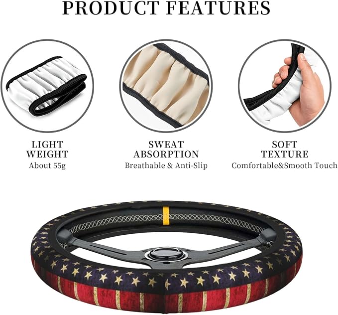 Car Steering Wheel Cover with Anti-Slip Lining, Universal 15 inch Wheel Cover, Fashion Car Interior Accessories for Women Men - Vintage American Flag