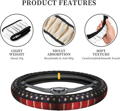Car Steering Wheel Cover with Anti-Slip Lining, Universal 15 inch Wheel Cover, Fashion Car Interior Accessories for Women Men - Vintage American Flag