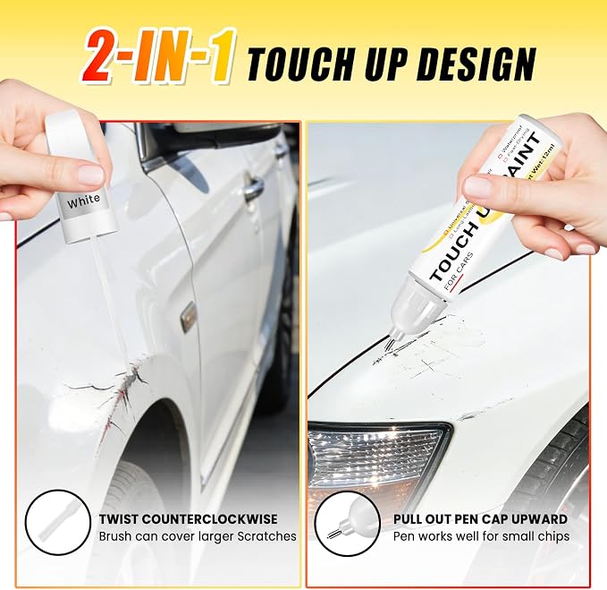 Pure White Touch Up Paint for cars, 2-in-1 Brush & Tip, 0.4 fl oz - Universal Car Scratch Repair Pen for Scratches & Scuffs, OEM Color Match, Quick-Dry & Long-Lasting