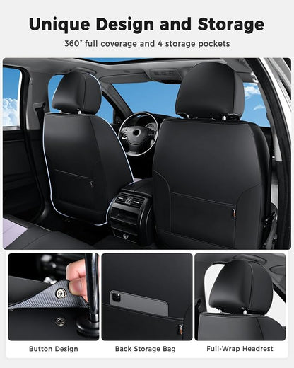 Huidasource Seat Covers Full Set, Universal Fit for Most Cars SUVs Trucks, Full Coverage Leather Seat Cover, Airbag, Cupholder Compatible, Seat Function Retain, Easy Install with Velcro, Black&Purple