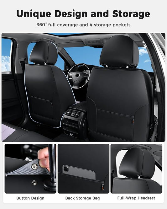 Huidasource Seat Covers Full Set, Universal Fit for Most Cars SUVs Trucks, Full Coverage Leather Seat Cover, Airbag, Cupholder Compatible, Seat Function Retain, Easy Install with Velcro, Black&Purple