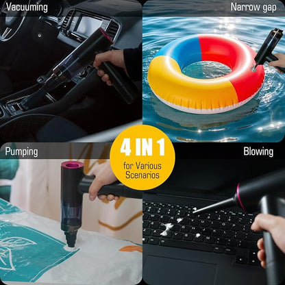 Handheld Car Vacuum Portable Cordless - Mini, Portable | Dual Suction (7500pa & 12000pa) | 4-in-1 Vacuum Cleaner, Blower, Inflator, Deflator & Air Duster for Car, Home, Kitchen, Pet Hair, Office Use