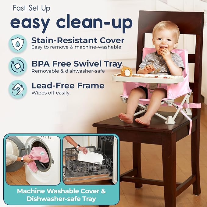 Hiccapop OmniBoost Travel Booster Seat with Tray for Baby | Folding Portable Baby Booster Seat for Dining Table, Camping, Beach, Grandma’s | Tip-Free Design Straps to Kitchen Chairs - Booster Chair