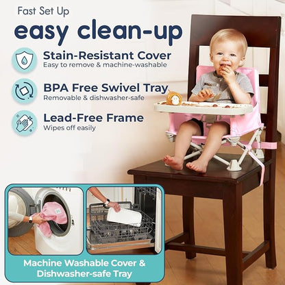 Hiccapop OmniBoost Travel Booster Seat with Tray for Baby | Folding Portable Baby Booster Seat for Dining Table, Camping, Beach, Grandma’s | Tip-Free Design Straps to Kitchen Chairs - Booster Chair