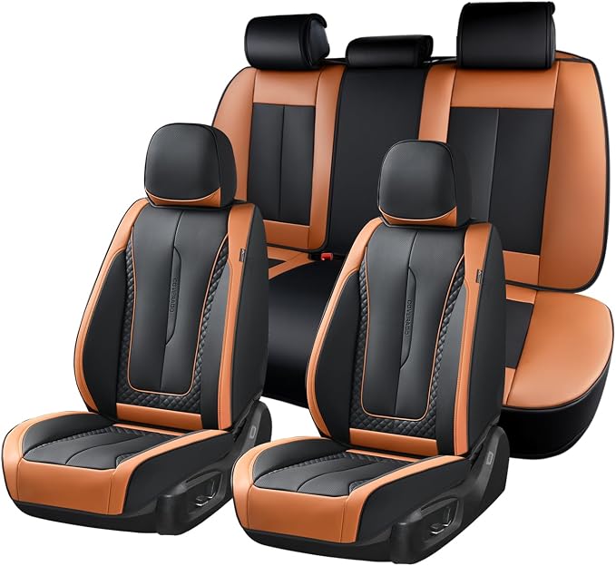 Coverado Car Seat Cover Full Set, Kaki Seat Covers Front Seats Back Seat Covers, Nappa Leather Waterproof, Car Seat Cushion, Car Seat Protector Universal Fit Most Cars